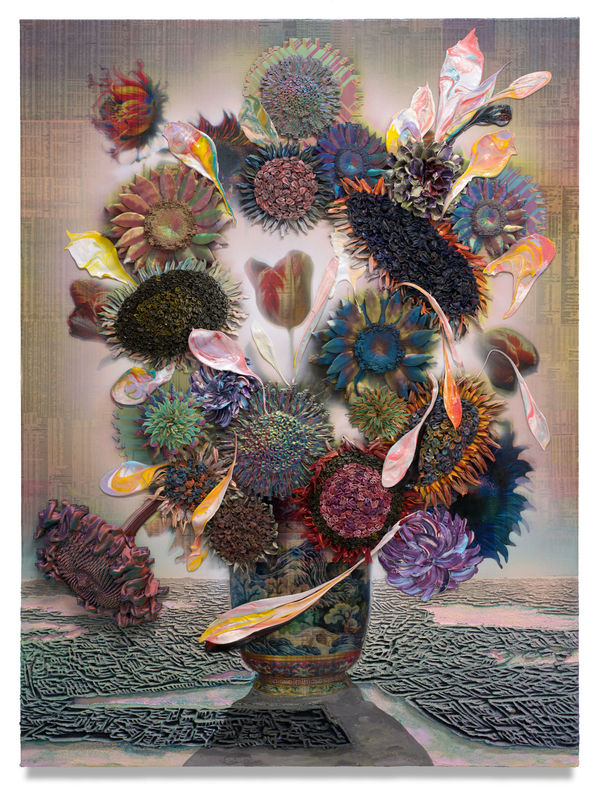 Silicon Valley of China (Shenzhen), 2023 Financial Times newspaper, archival inkjet, acrylic, PLA filament and sand on linen 135 x 100 cm 53 x 39 1/2 in