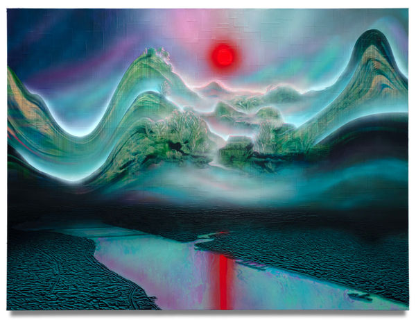 Heavenly Light Above and Below (Wuhan), 2024 Financial newspaper, archival inkjet, acrylic and sand on linen 150 x 200 cm 59 x 78 1/2 in