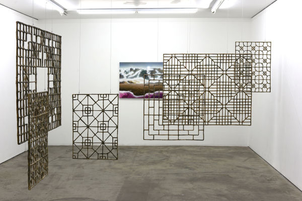 Prelude Windows Installation, 2019 Financial Times newspaper, bamboo and adhesive