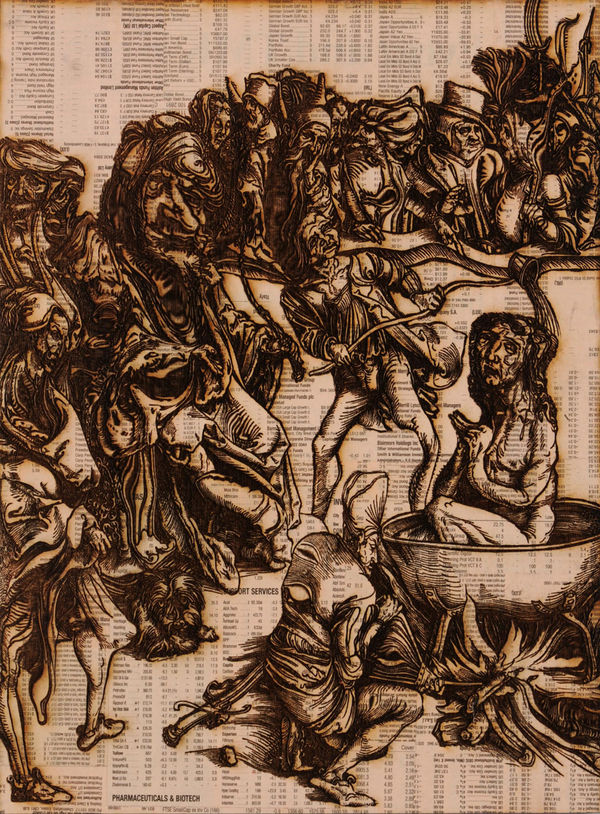 Revelations I (Apocalypse), 2009 Pyrographic laser etching with 20-30 layers of vaporised Financial Times newspaper on plywood 32.5 x 24.5 x 2 cm 13 x 9 1/2 x 1 in