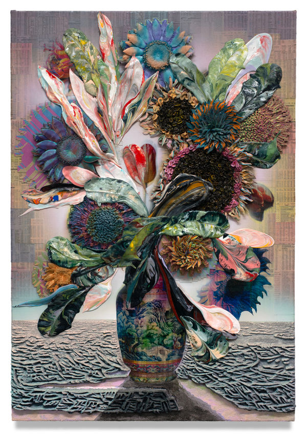 Fishing Electric Dreams《捕鱼梦境》, 2024 Financial Times newspaper, archival inkjet, acrylic, and sand on linen 82 x 57 cm 32 1/2 x 22 1/2 in