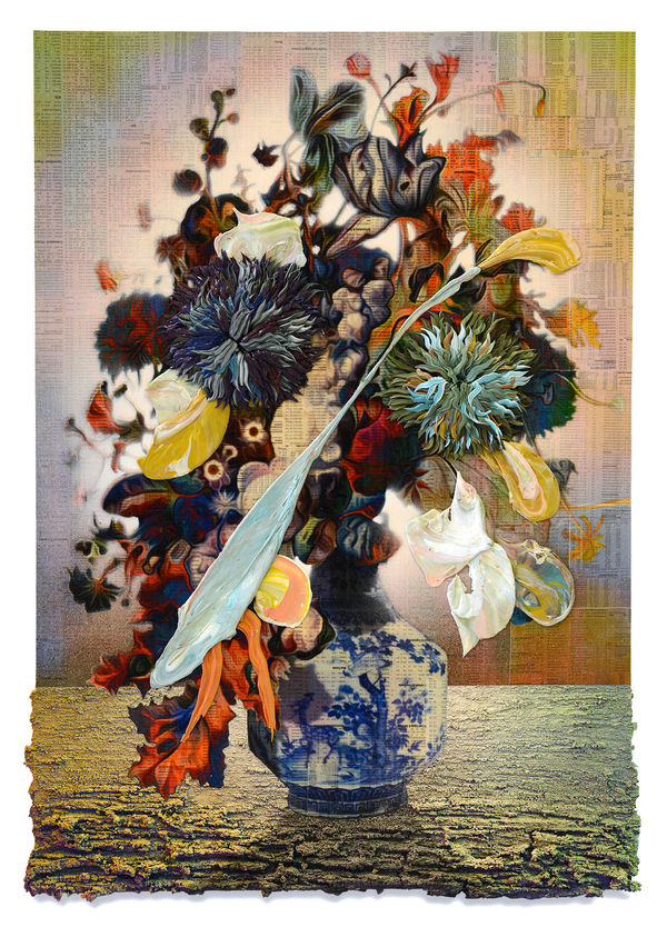 Augury 5, 2021 Financial newspaper, archival inkjet, acrylic and sand on paper 83 x 60 x 2 cm 32 1/2 x 23 1/2 x 1 in