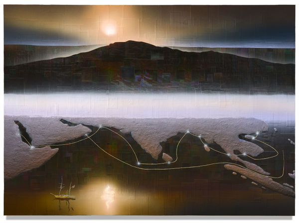 String of Pearls, 2020 Financial Times stock listings, archival inkjet, sand and acrylic on canvas 150 x 200 x 3.5 cm 59 1/2 x 78 1/2 x 1 1/2 in