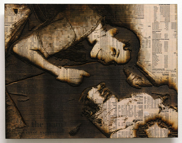 Thumbs Up (Disasters of Terror), 2009 Pyrographic laser etching with 20-30 layers of vaporised Financial Times newspaper on plywood 28.5 x 22 cm 11 x 8 1/2 in