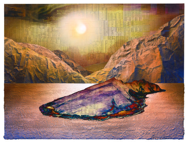 Island, 2014 Financial newspaper, archival inkjet, acrylic and sand on canvas 150 x 200 x 5 cm 59 1/2 x 78 1/2 x 2 in