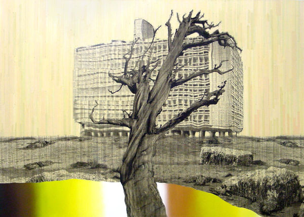 Machine Dreams Ver. II, 2004 Financial newspaper, archival inkjet, ink and acrylic on canvas