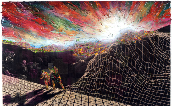 The Approach of Archangel Michael, 2007 Financial newspaper, ink, acrylic on canvas 76 x 122 cm