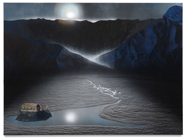 River, 2018 Financial newspaper, archival inkjet, acrylic and sand on linen 150 x 200 x 5 cm 59 1/2 x 78 1/2 x 2 in