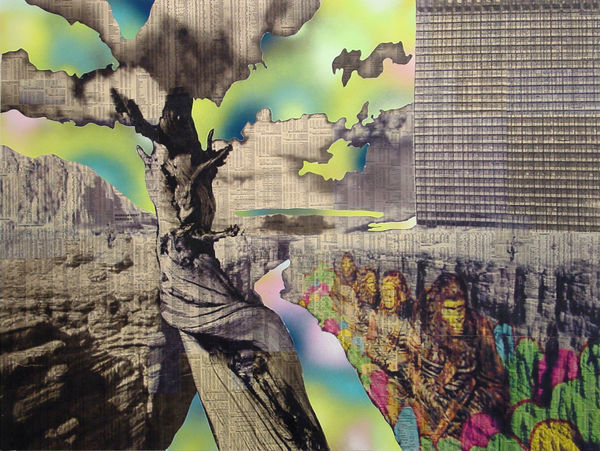 The Grand Hack, 2004 Financial Times newspaper, acrylic, spray paint and ink on canvas 75 x 100 cm 29 1/2 x 39 1/2 in