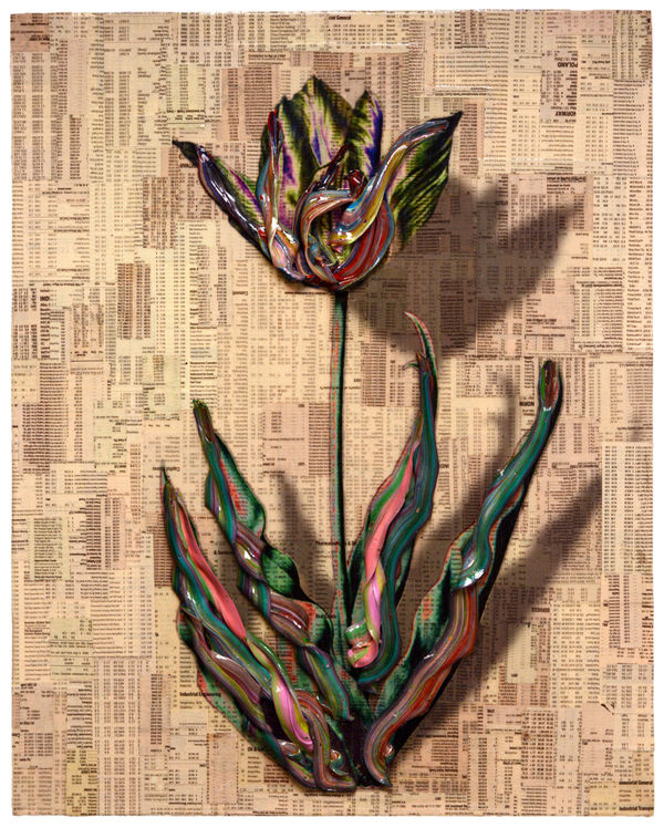 De Hoer (Tulipbook), 2013 Financial newspaper, archival inkjet, acrylic on canvas 50 x 40 x 5 cm