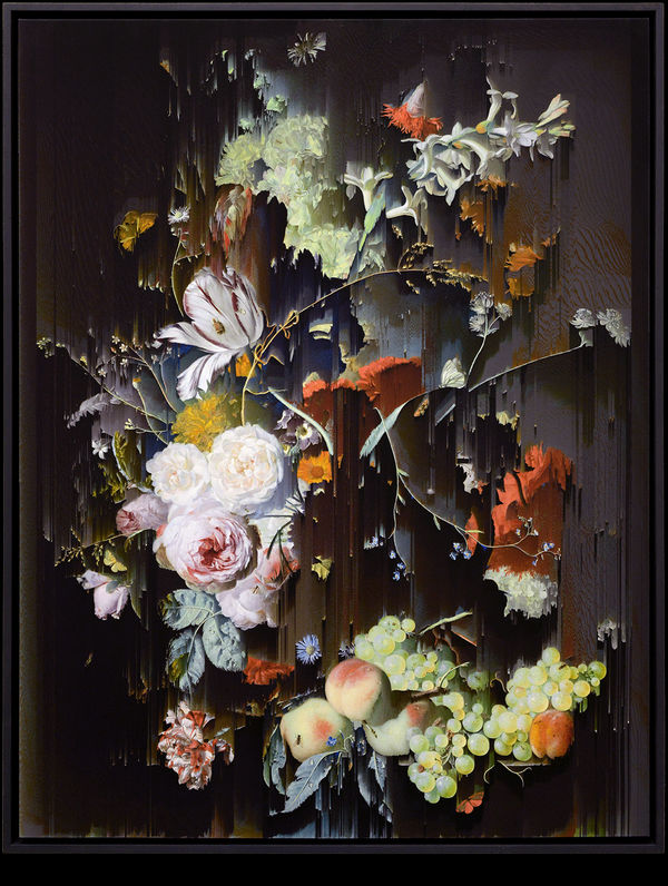 New Order Still Life with Flowers and Fruit (after Jan van Huysum, c. 1715), 2022 Giclée on canvas 120 x 92.5 cm 47 1/2 x 36 1/2 in 125(h) x 97(w) framed dimensions