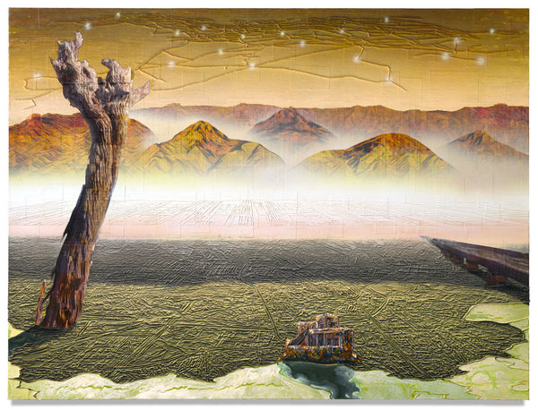 Desert of the Real, 2020 Financial newspaper, archival inkjet, acrylic and sand on linen 150 x 200 x 5 cm 59 1/2 x 78 1/2 x 2 in