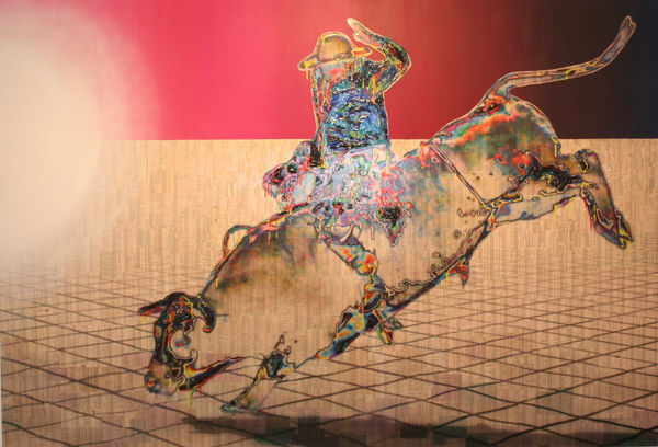 Minotaur, 2006 Financial Times newspaper, ink, acrylic gel and spray on canvas 250 x 167 cm 98 1/2 x 66 in
