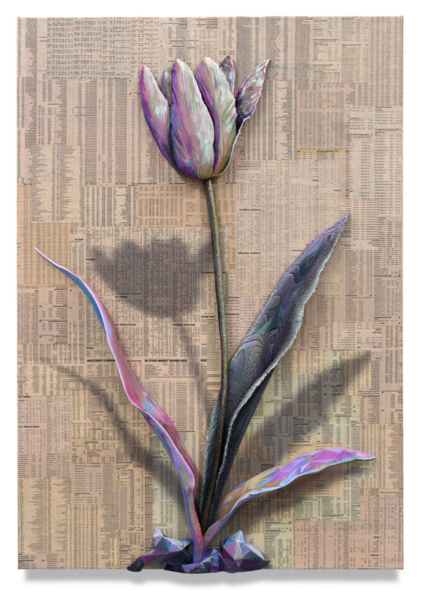 Tulip Paradox 3, 2025 Financial Times newspaper, archival inkjet, acrylic, PLA filament on linen 82 x 57 cm 32 1/2 x 22 1/2 in