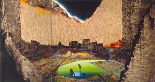 Decisive Moment (after Stanley Kubrick's 2001), 2006 Financial Times newspaper, ink, acrylic gel and spray on canvas 230 x 500 x 3.5 cm