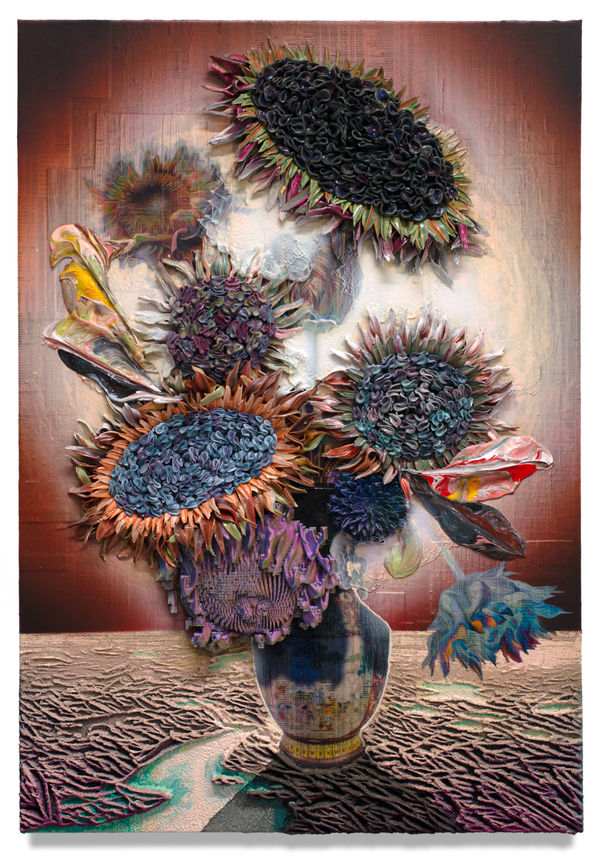 City of Gardens (Suzhou), 2023 Financial Times newspaper, archival inkjet, acrylic, PLA filament and sand on linen 82 x 57 cm 32 1/2 x 22 1/2 in