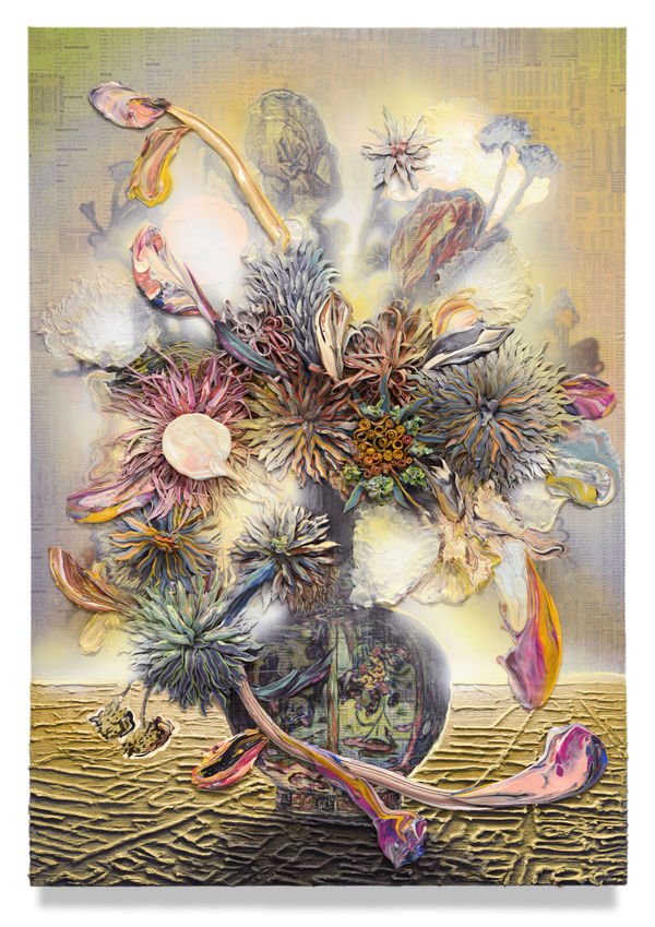 Augury of Xi'an, 2022 Financial Times newspaper, archival inkjet, acrylic, and sand on linen 82 x 57 x 5 cm 32 1/2 x 22 1/2 x 2 in