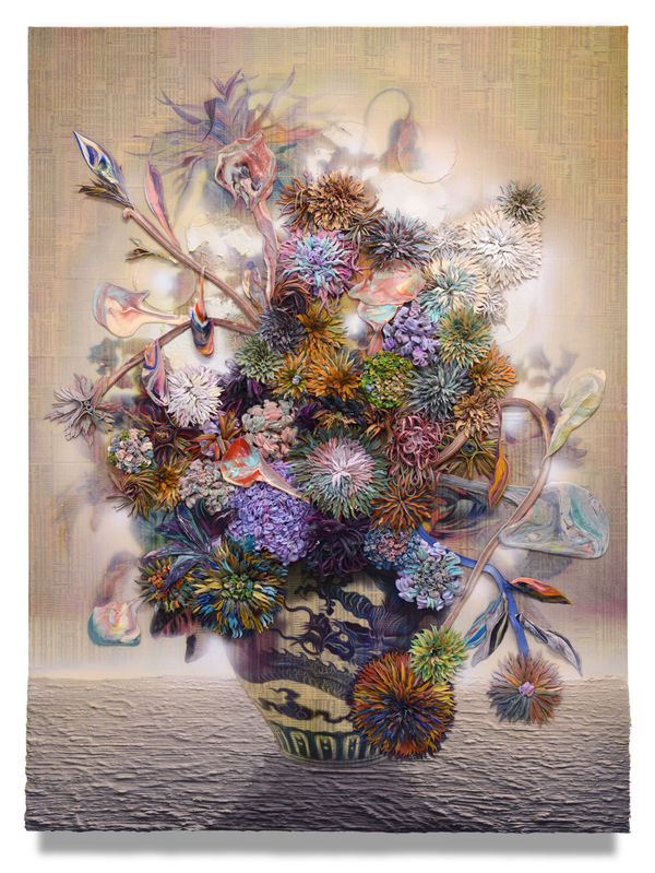 Traveller from an Antique Land, 2022 Financial newspaper, archival inkjet, acrylic and sand on paper 135 x 100 x 5 cm 53 1/2 x 39 1/2 x 2 in