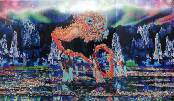 Dragon Dance No. 3, 2010 Financial newspaper and acrylic on canvas 230 x 390 x 5 cm