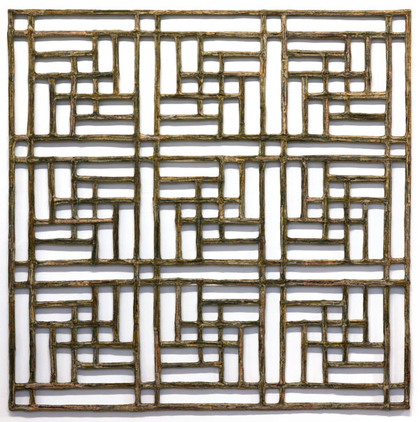 Window #35, 2020 Financial Times newspaper, bamboo and adhesive 130 x 130 cm