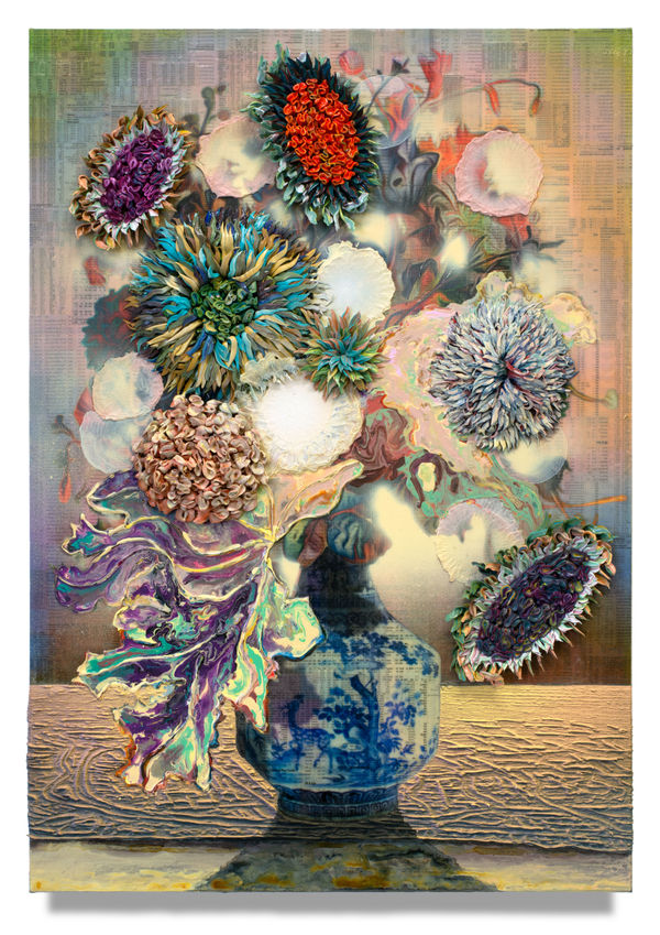 Augury of Shanghai, 2022 Financial Times newspaper, archival inkjet, acrylic, and sand on linen 82 x 57 cm 32 1/2 x 22 1/2 in