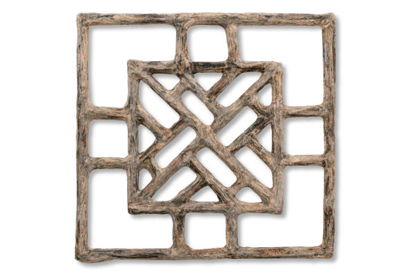 Li Bai‘s "Visiting Mountain Temple" (游山寺), 2023 Financial Times newspaper, bamboo and adhesive 44 x 44 cm 17 1/2 x 17 1/2 in