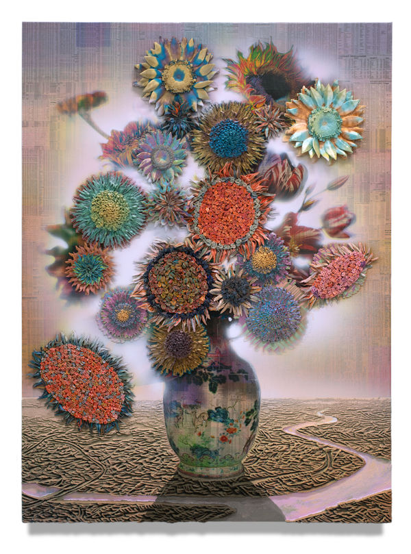 City of Five Celestial Rams, 2023 inancial newspaper, archival inkjet, acrylic and sand on linen 135 x 100 x 5 cm 53 x 39 1/2 x 2 in