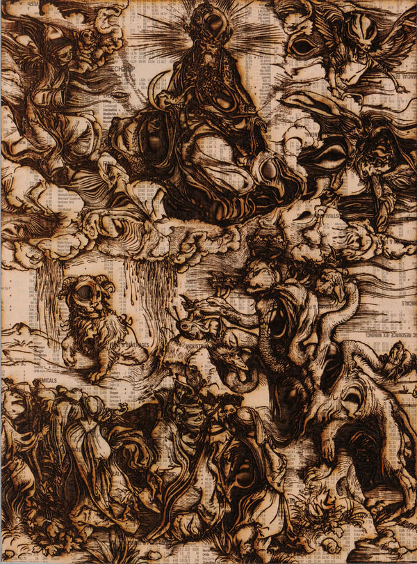 Revelations XII (Apocalypse), 2009 Pyrographic laser etching with 20-30 layers of vaporised Financial Times newspaper on plywood 32.5 x 24.5 x 2 cm 13 x 9 1/2 x 1 in