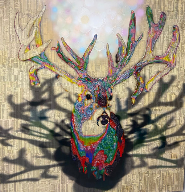 Royal Stag Trophy, 2010 Acrylic, spray paint, glue, stock listings on mylar and canvas 163.2 x 153.3 cm