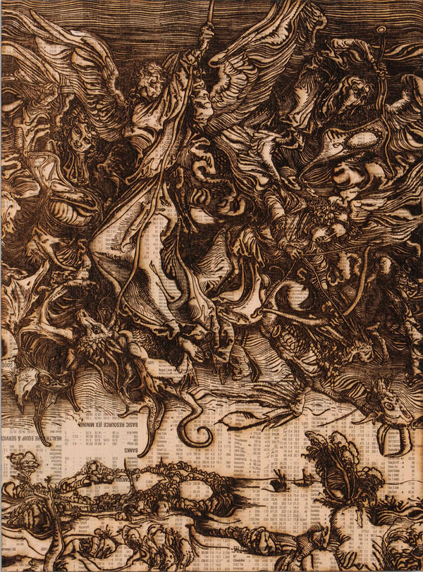 Revelations XI (Apocalypse), 2009 Pyrographic laser etching with 20-30 layers of vaporised Financial Times newspaper on plywood 32.5 x 24.5 x 2 cm 13 x 9 1/2 x 1 in
