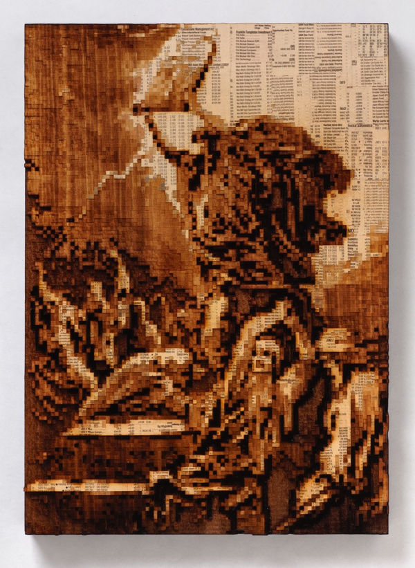 Broke Commandments, 2011 Pyrographic laser etching with 20-30 layers of vaporised Financial Times newspaper on tulipwood 36.5 x 26 x 3 cm 14 1/2 x 10 x 1 in