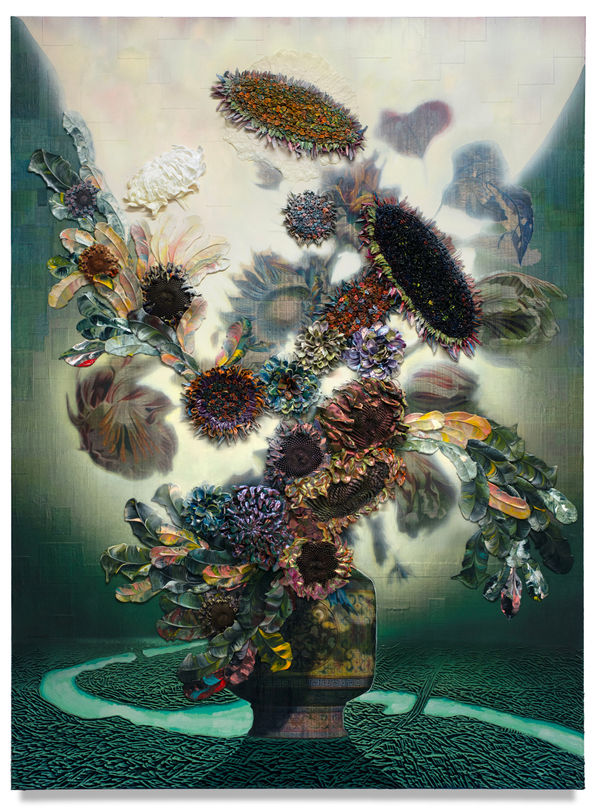 Gateway to the Pillars of the Sky (Chongqing), 2024 Financial Times newspaper, archival inkjet, acrylic, PLA filament and sand on linen 200 x 150 cm 78 1/2 x 59 in