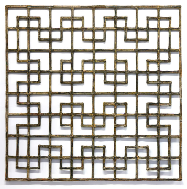 Window #36, 2020 Financial Times newspaper, bamboo and adhesive 156 x 157 cm 61 1/2 x 62 in