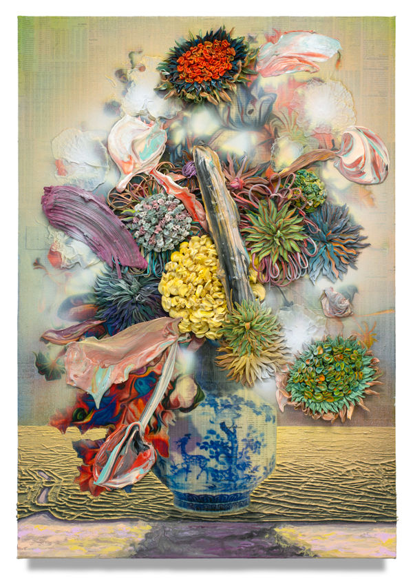 Augury of Yantai, 2022 Financial Times newspaper, archival inkjet, acrylic, and sand on linen 82 x 57 cm 32 1/2 x 22 1/2 in