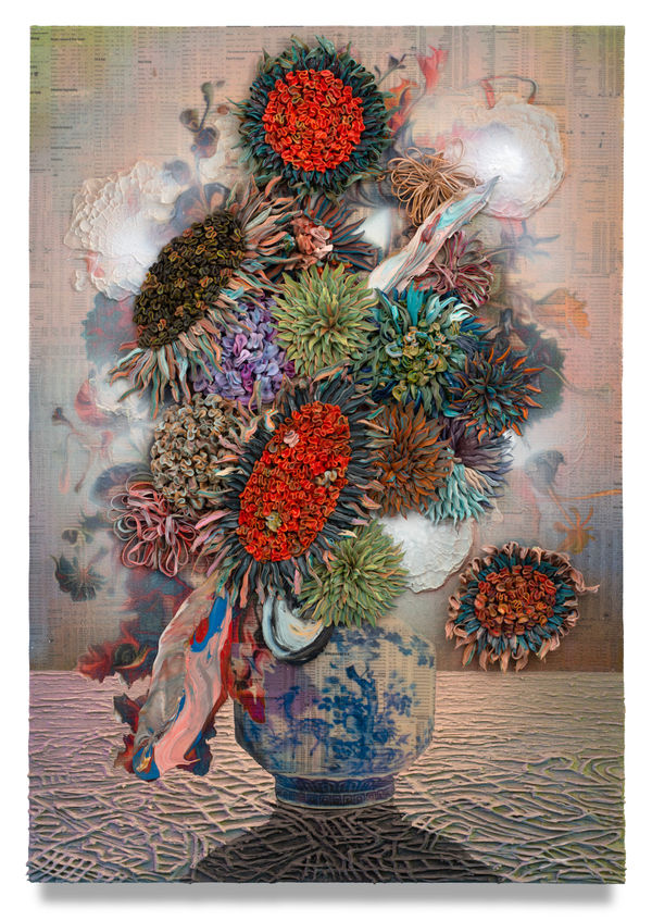 Augury of Chongqing, 2022 Financial Times newspaper, archival inkjet, acrylic, and sand on linen 82 x 57 cm 32 1/2 x 22 1/2 in