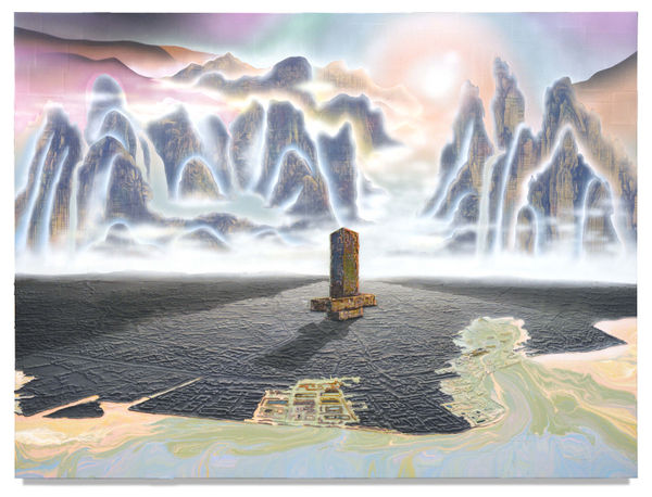 Valley, 2018 Financial newspaper, acrylic, sand on linen 150 x 200 cm 59 1/2 x 78 1/2 in