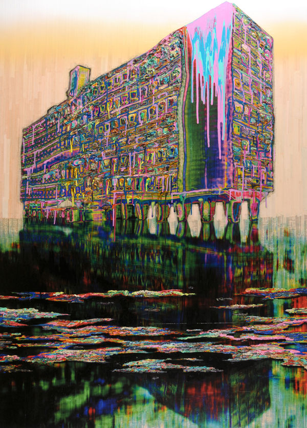 Living Machine, 2009 Financial newspaper, ink, acrylic gel, spray on sail cloth