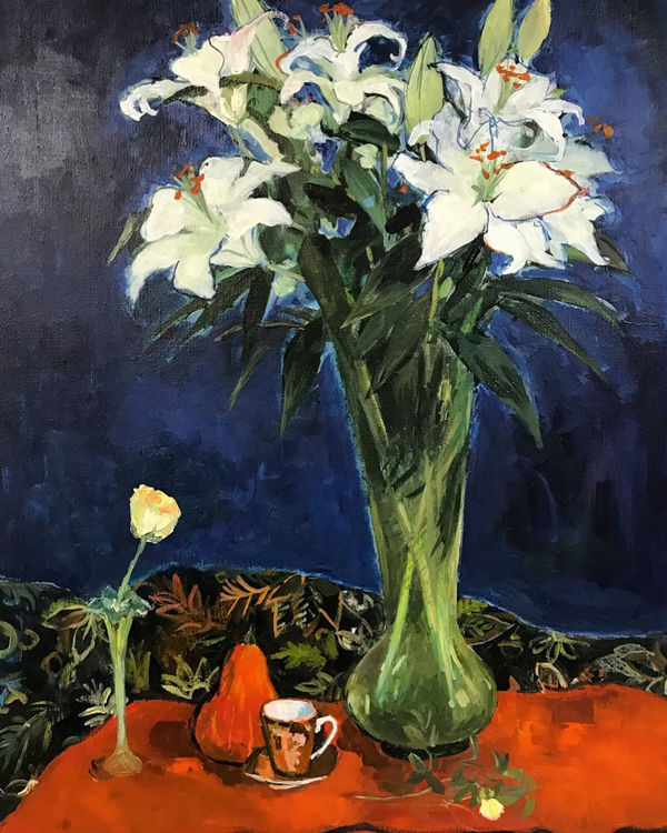 Ann Oram RSW, White Lilies and a Yellow Rose