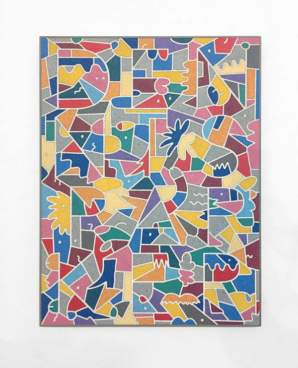 A mixed media piece depicting an abstract, kaleidoscopic pattern.