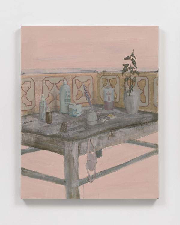 mixed media painting depicting a table with various objects including cosmetic products and a face mask