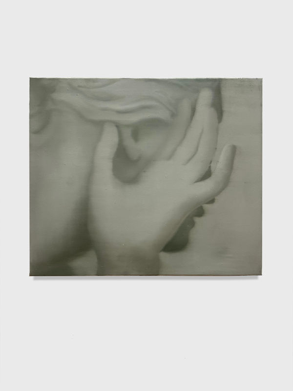 painted grayscale image of a side view of a woman with her hand next to her face. her face is facing away from the viewer, and her hand is outstretched toward the viewer.