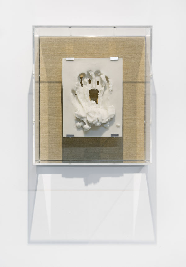 A mixed media piece in a glass case.