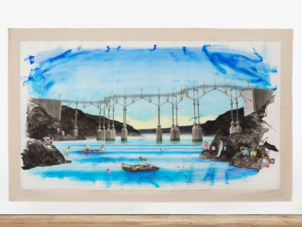 A sizable, colorful mixed media drawing of a landscape wit people eel fishing beneath the bridge mounted on canvas and hung on the wall.