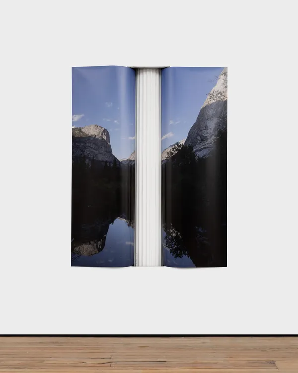 Letha Wilson Yosemite Wall Column Push, 2026 Archival digital prints, cast iron column, hole in wall 182.9 x 121.9 cm I 72 x 48 in
