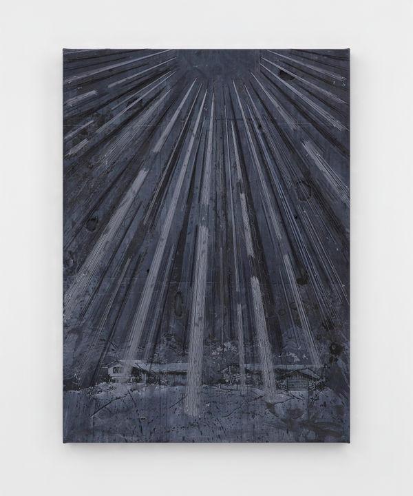 Michael Raedecker overlook, 2026 Laser printer pigment transfer, dispersion, acrylic and thread on canvas 97 x 70.7 cm | 38 1/4 x 27 7/8 in