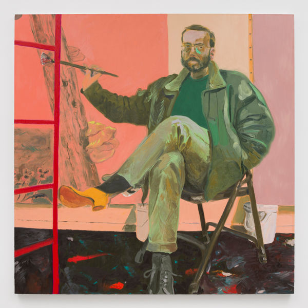 an oil painting depicting the artist sitting, legs crossed and wearing two different shoes while painting a canvas behind a bright red ladder at the left of the canvas