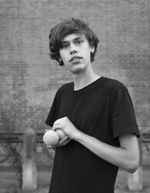 Dana Lixenberg Joshua Saum, Oudekerksplein, 2023, 2025 Gelatin Silver print mounted on aluminum, maple frame, museum glass Print size: 32.7 x 26 cm | 12 7/8 x 10 1/4 in Frame size: 34 x 27.5 x 3 cm | 13 3/8 x 10 7/8 x 1 1/8 in Edition of 4 plus 2 artist's proofs