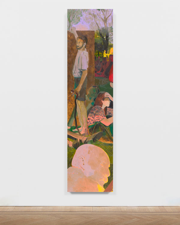 long vertical painting of a man standing in a backyard holding a snake. at the bottom of the image is a large, salmon-colored head. a few people are seated on the ground below the standing man, characterized mostly by green and salmon hues.