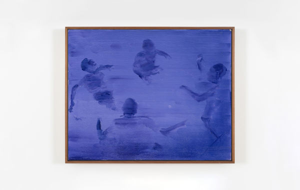 An oil on canvas piece depicting a group of people swimming in a pool of water, facing each other in a circle formation.