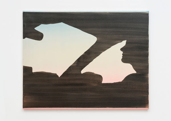 An oil on canvas piece depicting abstract shapes in wood.